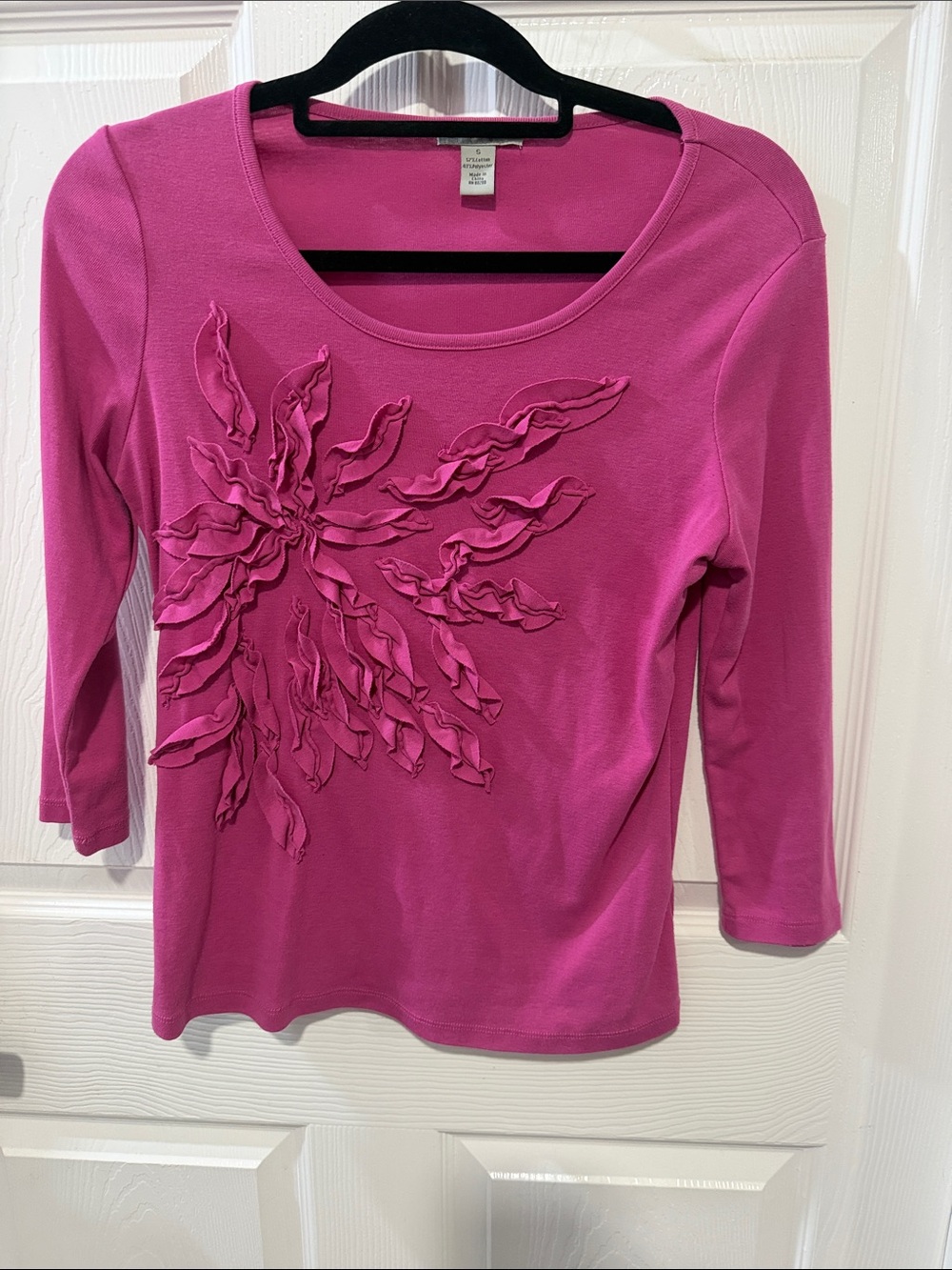 Mercer Street Studio Fuchsia Long Sleeve Scoop Neck Top with Floral Appliqué